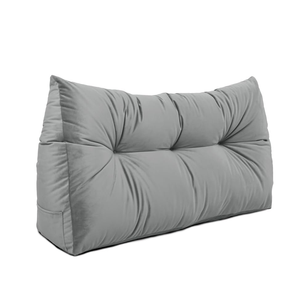 Lancashire Textiles Grey 20 X 50 X 90Cm (Single Bed) Luxury Velvet Triangular Wedge Bedroom Headboard Cushion - Headboard Bolster Support Pillow For Bed, Sofa, Chair - Made In Britain