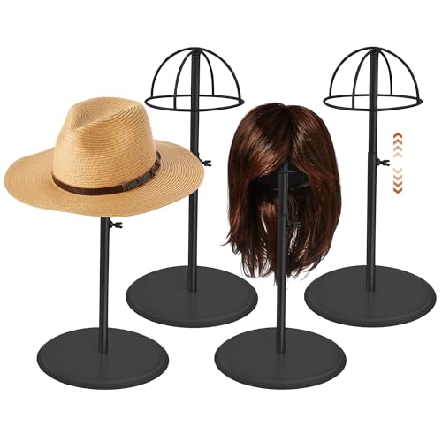 KORETECH 4 Pcs Hat Display Stand 12''-19'' Height Adjustable, Stable Stainless Steel Wig Storage Stands, Hat Display Rack for Multiple Hats, Black