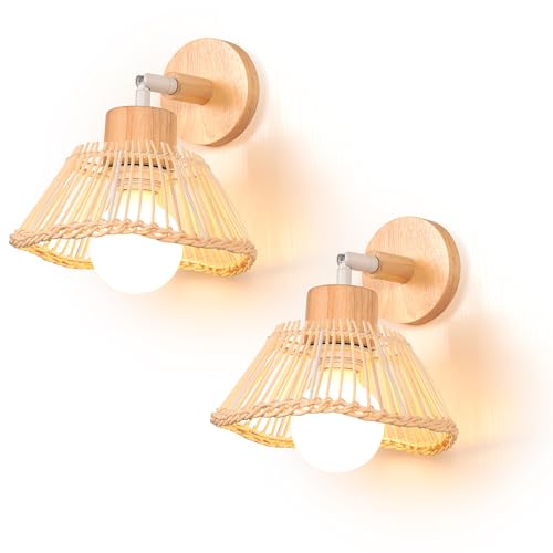 TOKIUS 2 Piezas Lámparas de Pared Interior Retro E27 Aplique de Pared Vintage de Madera Pantalla de Bambú Creativo Iluminación Ajustable Lámpara de Techo para Salón Dormitorio Comedor Pasillo (20cm)