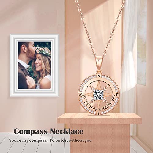 Meeshi Rose Gold Compass Necklace For Women Mothers Day Gifts For Mom Women From Daughter Son I'd Be Lost Without You Diamond Compass Pendant Necklace For Girls Her Girlfriend Anniversary Valentines Day Birthday Necklace For Wife Grandma(Rgold-Apr-Diamond) #TOP2
