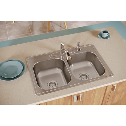 Image of Elkay Dayton 33 In. x 22 In. x 8-1 /16 In. Equal Double Bowl Drop-In Kitchen Sink, Stainless Steel - 1 Each