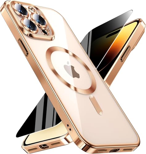 Magnetic for iPhone 14 Pro Max Case with Privacy Screen Protector & Full Camera Cover [Non-Yellowing] Plating Glossy Soft Shockproof Clear Phone Case with MagSafe Women Girls for 14 ProMax Gold