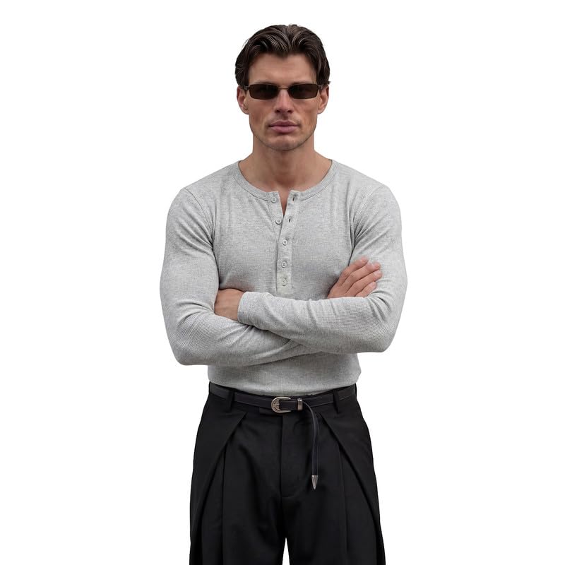 Image of FUGAZEE 100% Cotton Light Grey Ribbed Henley Long Sleeves T-Shirt | Muscle fit