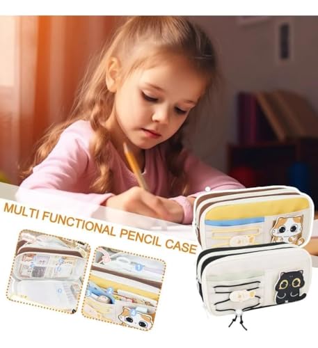 Image of Three-Layer Canvas Pencil Case for Girls - Cute Cat Aesthetic, Large Capacity Pen & Compass Pouch, Multifunctional School Stationery Organizer (Brown)