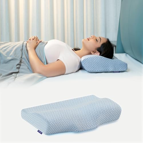 Image of WELLGIVER Cervical Memory Foam Pillow for Neck Pain | 2 Year Warranty | 19 x 11 x 4 Inch Standard | Orthopedic Pillow Spondylitis Neck & Shoulder Pain | Washable Jacquard Blue Cover | Pack of 1