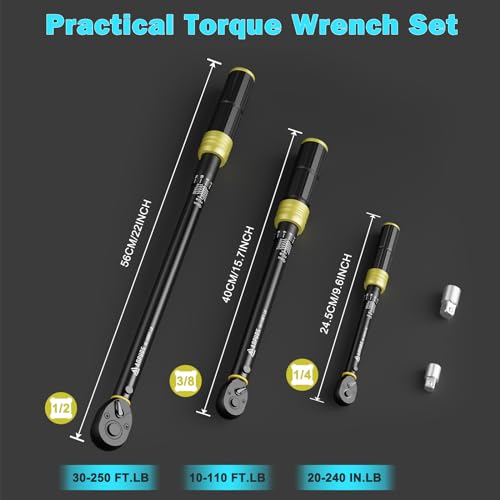 Image of ANPUDS 5Pcs 1 /4 3 /8 1 /2-inch Drive Click Torque Wrench Set, ±3% Accuracy | 20-240in.lb, 10-110Ft.lb, 30-250Ft.lb, 72-Tooth Quick Release, Dual Scale, for Bike, Motorcycle, Car, SUV, Truck, RV, Towing