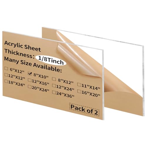 Gdhwxcl 8 x 10 inch Clear Acrylic Sheets 1/8 inch Thick - 2 Pack Transparent Plexiglass Plastic Cast Panels for DIY Craft Projects, Signs, Display Cases - Easy to Cut with Laser, Saw or Hand Tools
