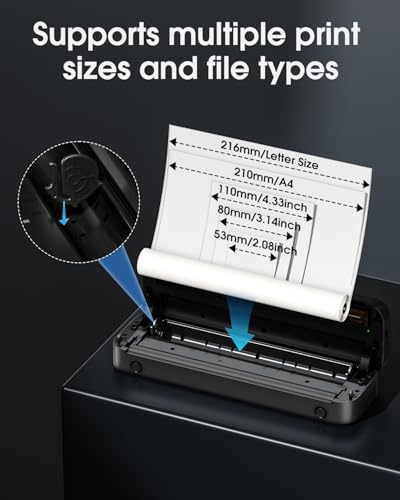 Thermodrucker A4,Mobiler Drucker A4 für Unterwegs,Tragbarer Drucker M833 für Büro, Schule, Zuhause Kompatibel mit Smartphones und Computern für A4/216mm/210mm/110mm/53mm Thermopapier,Schwarz