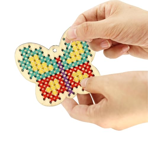 Image of JHGCVX 12 Pcs Wooden Cross Stitch Keychain Kit，Make Your Own Cross Stitching Keyrings，Butterfly Flower Love Star Wood Cross Stitching Keyrings for Beginners