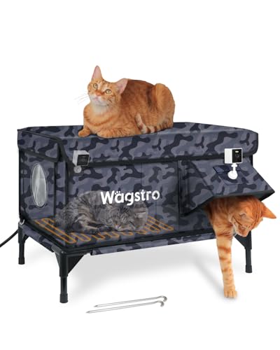 Wagstro Heated Cat House for Outside with Smart Pet Camera Highly Elevated with Escape Door Insulated Waterproof Outdoor Cat House Shelter for Feral Stray Barn Cat (Camo Black 25.6x16.5x18.5)