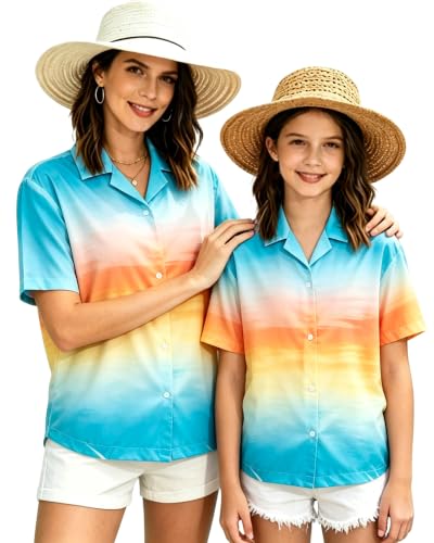 Image of SANGTREE Girls & Women's Hawaiian Shirts Button Down Short Sleeve Floral Tropical Shirt Beach Vacation Blouse Tops