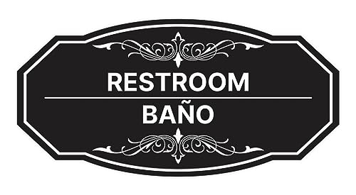 Panneau bilingue Victorian Restroom de taille moyenne en noir pour signalisation de toilettes
