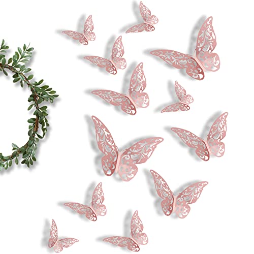 Rowwait 12pcs 3D Butterfly Wall Stickers, Art Decor Crafts, Decals, 3 Sizes Butterflies for Kids Bedroom Classroom Wedding Cakes DIY Gift(Rose Gold)