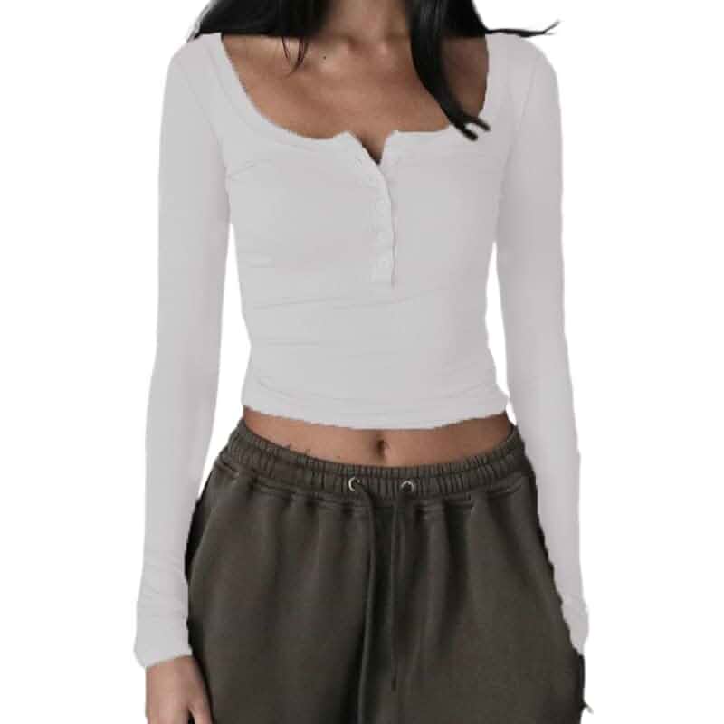 RUEWEY Women Y2K Square Neck Ribbed Knitted Henley Shirt Button V Neck Slim Fit Long Sleeve Crop Tops Streetwear Clubwear Long Sleeve