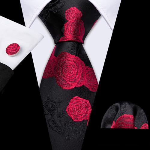 Image of Barry.Wang Flower Ties for Men Handkerchief Cufflinks Set Wedding Necktie Set Party