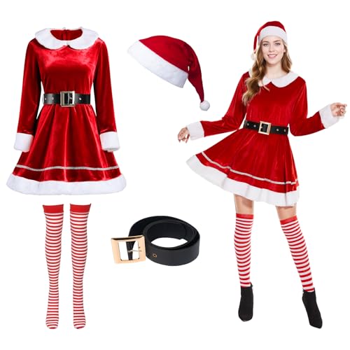 JDFAIJEAL Damen Weihnachts Santa Kostüm Kleid Set - Enthält Hut, Gürtel, Gestreifte Strümpfe, Festliches Party Cosplay Outfit für...