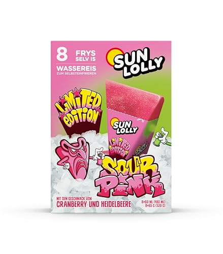 Sun Lolly Wassereis Sour Pink Cranberry & Heidelbeere 8 Stk | Limited Edition | Mit Fruchtsaft | Ohne künstliche Süßungsmittel | Glutenfrei