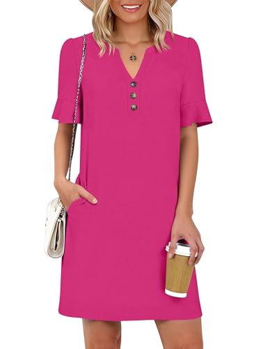 Image of Prinbara Womens Summer Casual Dresses Ruffle Short Sleeve V Neck Button 2026 Spirng Vacation Beach Loose Boho Shift Dress