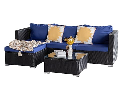 PAOLFOX 5 Piece Rattan Patio Furniture Set, Outdoor Patio Conversation Set with Table,Soft Cushion and Backrest,Modern Chairs and Table Sets,Outdoor Furniture for Porch, Garden, Lawn,Black/Blue