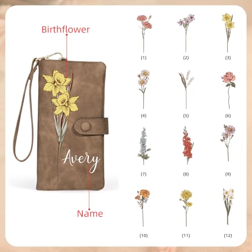 Personalized Wallet for Women – Custom Birth Flower & Name Engraved Leather Wristlet, Mother's Day Gifts for Mom2