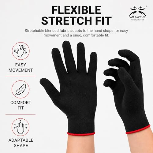 Image of AM Safe-X Premium Black Cotton Gloves for Men & Women | Lightweight Breathable Knitted Gloves | Soft Stretch Fit | Reusable Hand Protection for Driving, Gardening, Warehouse & General Use | 2 Pair