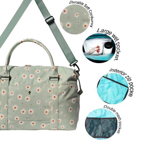 ESVAN Travel Tote Duffel Gym Bag,Weekender Overnight Carry-on Tote Crossbody Bag with Wet Pocket and Trolley Sleeve Upgraded (Corduroy matcha daisy) by ESVAN - Used condition - Image 3