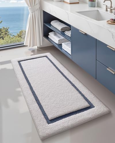 Image of Color&Geometry White Bathroom Rugs 43x24, Extra Soft Absorbent Microfiber Bath Rugs, Non-Slip Bathroom mat, Washable Plush Bath Mats for Bathroom, Shower, Bathtub, Laundry, White Blue
