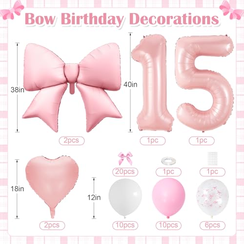 Image of 15th Birthday Decorations for Girls,Pink Bow Balloons for Party Decorations | 15 Number Balloon,Pink White Latex Balloons,Bow Print Balloons,Heart Balloons,15 year old girl birthday decorations