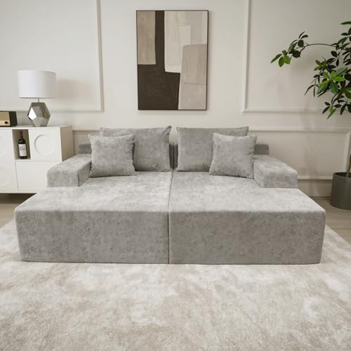 Image of SYTOPIA Loveseat Chaise Lounge with Armrests, Oversized Sofa Bed with 4 Pillows, Cozy Boneless Sleeper, Modular Sectional Couch for Living Room Bedroom, Floor Chair Furniture sala Chenille, Urban Grey