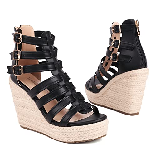 Women's Espadrilles Platform Wedge Sandals 4 Inch Adjustable Strappy with Back Zipper Open Toe Summer Vacation Dressy Wedge Heels3