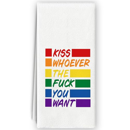 Bnzolyoia Pride LGBTQ Kitchen Towels - Pride Gay Gifts, LGBTQ Rainbow Motivational Decor, Kiss Whoever the Fuck You Want Hand Towels Dish Towels for Kitchen Bathroom, 16x24 Inch