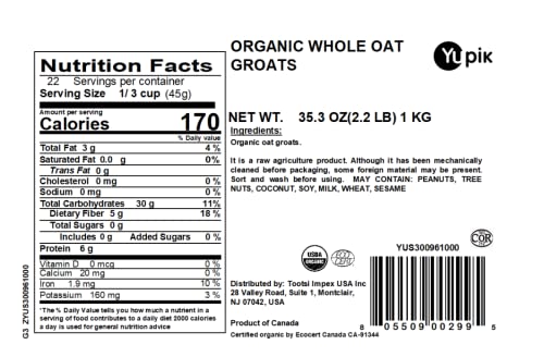 Yupik Organic Whole Oat Groats,2.2 lb, Non-GMO, Vegan, Kosher, Raw, Whole Grain Oats, Salt-Free, Nutty Flavor, Good Source of Fiber, Ideal for Baking & Cooking