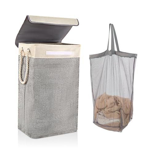 BrilliantJo Laundry Baskets with lid 84L, upgrade Large Collapsible Linen Laundry Hamper with Removable Inner Bag Washing Basket with Handles, Laundry bin, 60H x 42Lx 31W cm, Beige+Grey