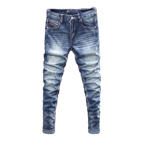 Men's Fashion Jeans Retro Washed Stretch Slim Fit Ripped Embroidered Vintage Denim Pants