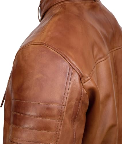 Image of Men Cafe Racer Motorcycle Style Solid Leather Jacket Slim Fit Motorcycle Brown Cafe Racer Leather Jacket