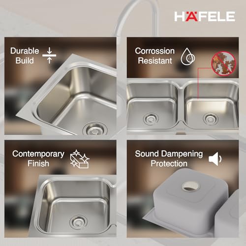 Image of Hafele Orion 3718 Stainless Steel Double Bowl Kitchen Sink | 37x18 Inches | 304 Grade Steel | Satin Finish | Dual Bowl Design for Multi-Tasking | Modern Kitchen Sink