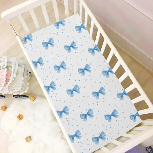 Image of Cute Bows Polka Dot Crib Sheets Soft Breathable Fitted Baby Crib Sheets Mattress Cover for Girls Boys, 52 inch x 28 inch x 9 inch