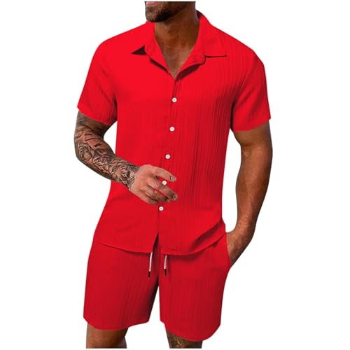 Conjunto de pantalones cortos y camisa de lino y algodón para hombre, conjunto de chándal de verano de 2 piezas de manga corta con botones y pantalones cortos con bolsillos, #05 Rojo, XXL
