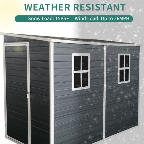 TURRIDU 8x4 FT Outdoor Resin Garden Shed with Floor and 2 Windows, Plastic Patio Outdoor Storage Shed with Lockable Door for Garden Tools, Bicycles, Trash Cans