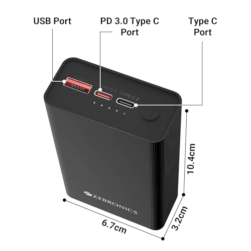 Image of ZEBRONICS 20000 mAh Compact Power Bank, 22.5W Super Fast Charging, PD3.0 (PPS), Dual Type-C & USB-A, LED Indicator, Metal Body, for All Mobiles, Tablet & Other Devices EnergiTank 20MR1 (Midnight)