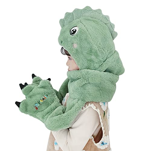 Toddler Kids Cartoon Dinosaur Fleece Plush Hat Gloves Scarf 3 in 1 Set Girls Boys Winter Cute Warm Long Hoodie Earflap Hat4