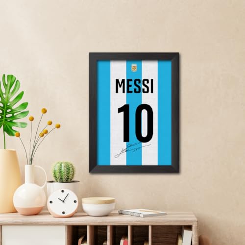 Image of TenorArts Lionel Messi Poster Frame Argentina Worldcup Jersey Laminated Photo Print with Signature Framed Painting with Matt Finish Black Texture (12 inches x 9inches)
