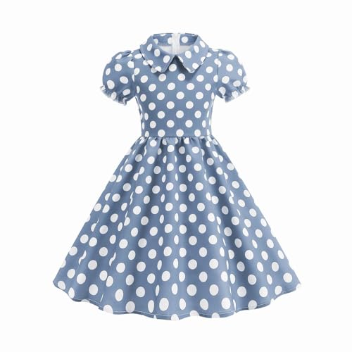 Mjjsk Vestidos de princesa para niñas, manga corta, cuello con cuello, vintage, vestido de fiesta, acampanado, para niños, cumpleaños, vacaciones, casual, retro, azul, 9-10 años