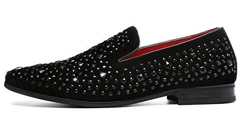 Santimon Loafer Smoking Slipper Moccasins Men Slip on Handmade Rhinestone Studded Pointed Toe Shoes Black4