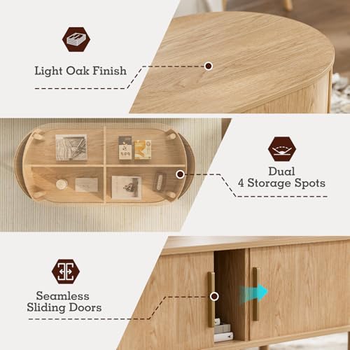 Image of ZttRiee Oval Coffee Table with Sliding Doors, Modern, Natural | 47.24 inchL x 21.65 inchW x 16.14 inchH, 200 lbs capacity, 2 front & back storage areas, ~60 min assembly