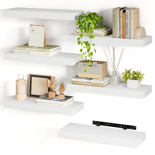 Fixwal 15.8in White Floating Shelves, Set of 6 Wood Shelves, Wall Shelf Famous Sheving for Bathroom, Bedroom, Living and Kitchen Room Decor