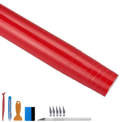 Image of LZLRUN High Gloss Vinyl Realistic Paint Wrap Roll Car Sticker Film Decal Bubble Free Come with Installation Tool Set (Red, 1ft x 10ft)