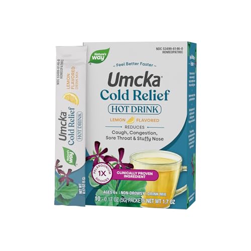 Nature's Way Cold Relief Hot Drink, Umcka, Homeopathic, Clinically Proven Pelargonium Sidoides 1X, for Cough, Congestion, Sore Throat, Stuffy Nose, Lemon Flavored, 10 Packets (Packaging May Vary)