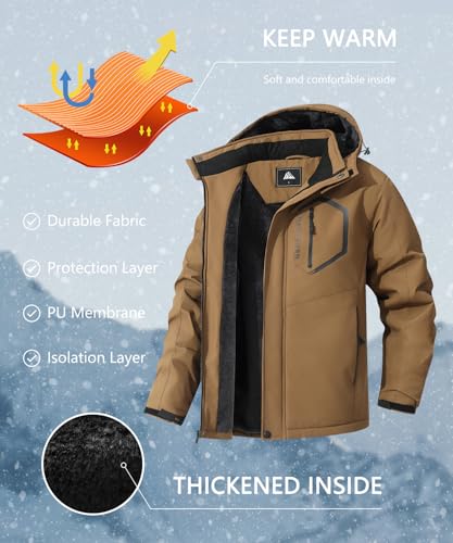 Image of Men's Mountain Ski Jacket Winter Snow Coats Waterproof Warm Fleece Lining Jacket Parka with Hooded