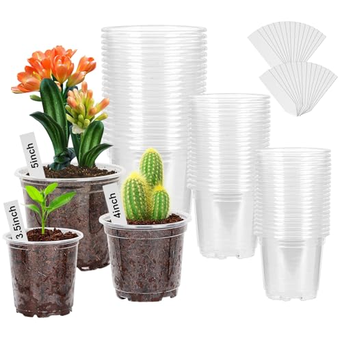 60 Pack 3.5/4/5 Inch Reinforced Clear Nursery Pots with Drainage Holes, Transparent Variety Pack Plastic Plant Pot Seed Starter Pots Flower Pots Come with 50pcs Plant Labels